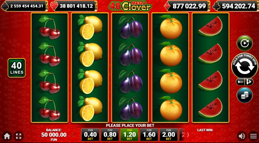 Jeu de base de 40 Mega Clover avec des colonnes de fruits pleines, le repère 40 lignes et l'échelle de mises