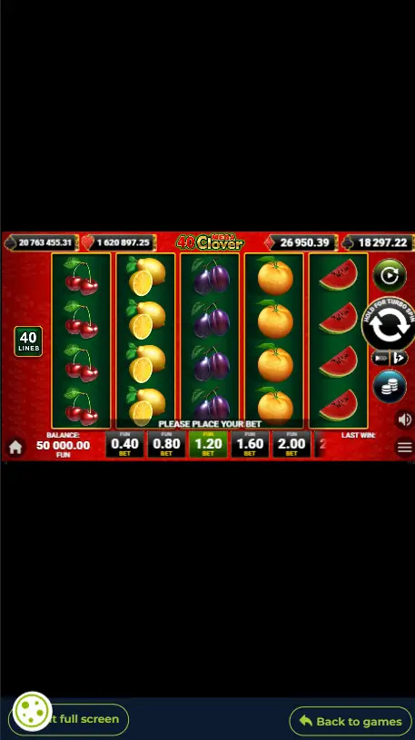 40 Mega Clover en mode portrait sur un téléphone, avec la grille, les boutons de mise et les compteurs de jackpot