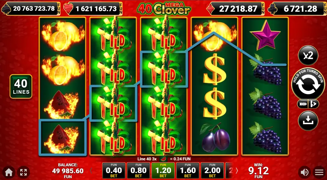 Trèfles Wild empilés sur les rouleaux 2 et 3 de 40 Mega Clover formant une ligne gagnante