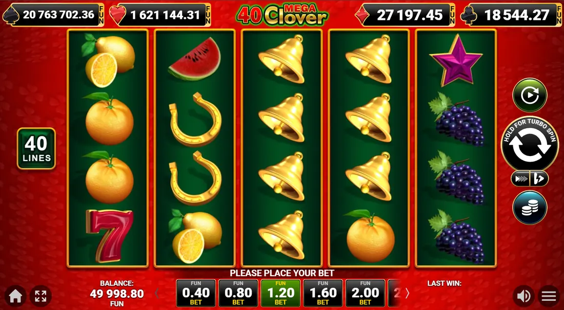 Scatter étoile magenta sur le cinquième rouleau de 40 Mega Clover, avec les quatre compteurs de jackpot au-dessus des rouleaux