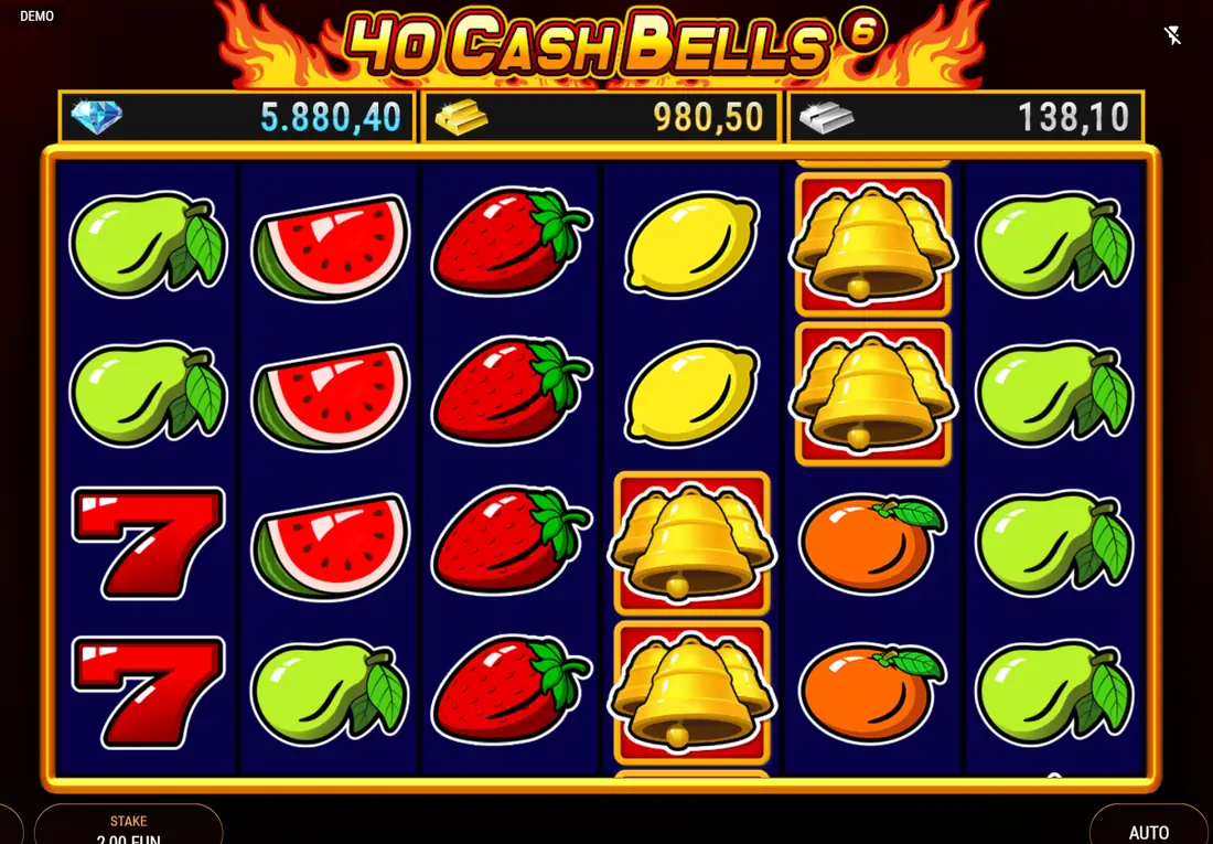 40 Cash Bells d'Amatic avec ses cloches, ses fruits et ses trois compteurs de jackpot sur des rouleaux bleus